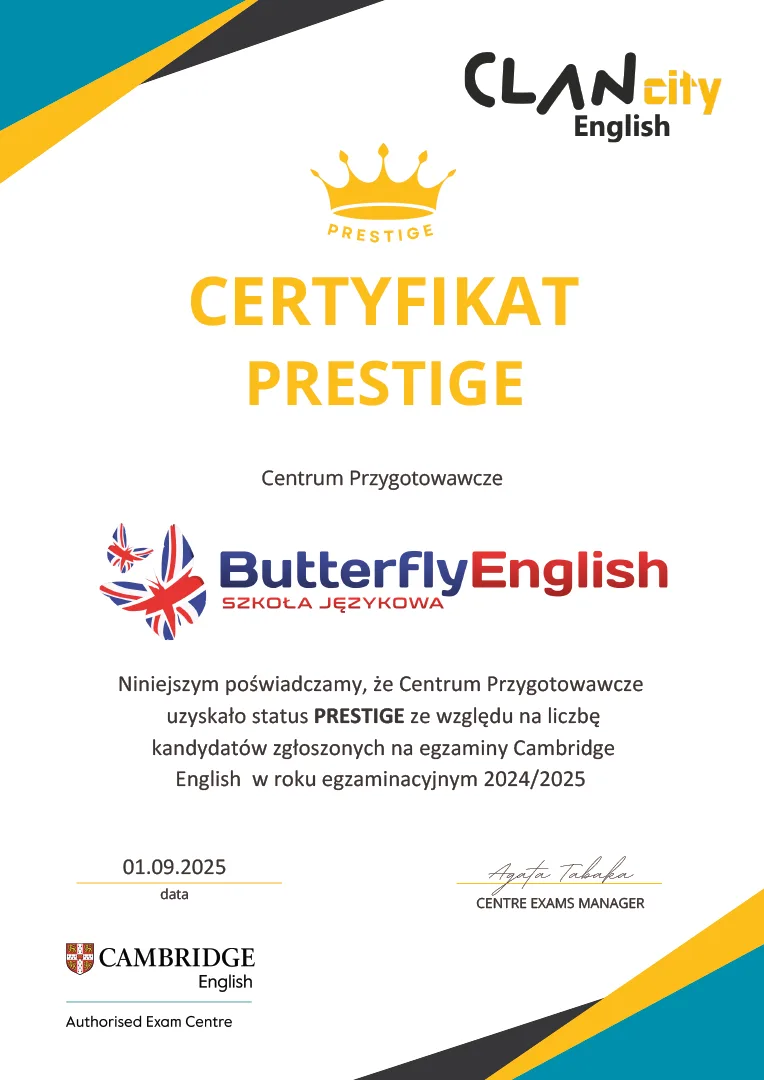 Certyfikat Prestige - Szkoła Językowa Butterfly